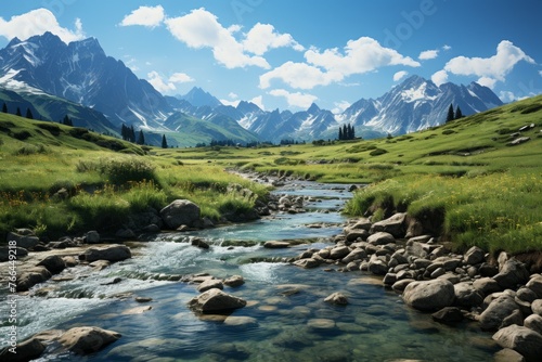 Alpine valley with river flowing through meadow