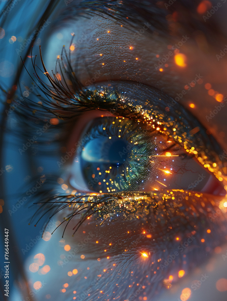 An eye with a digital hologram of a firework overlay illustrating the
