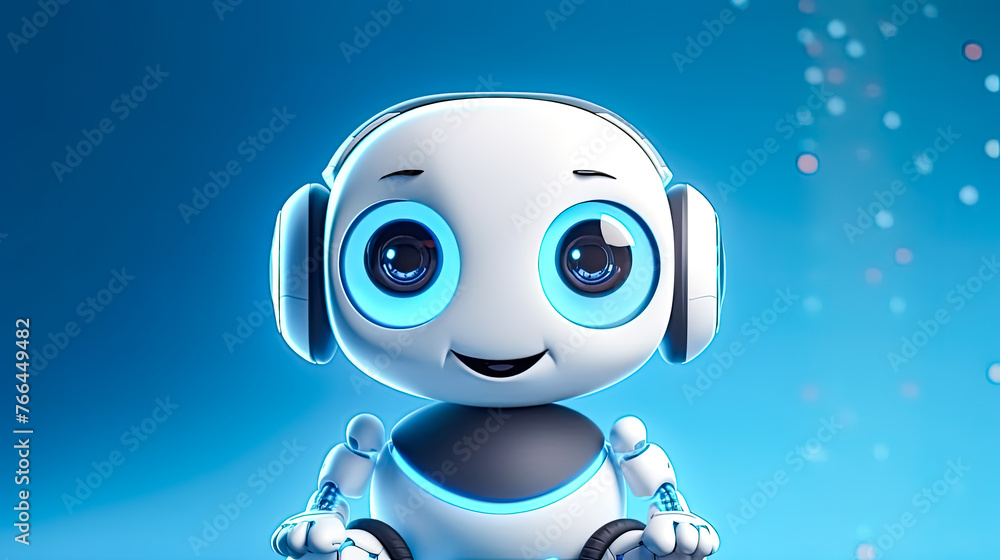 A robot with blue eyes and white ears is smiling A robot with blue eyes and white ears is smiling