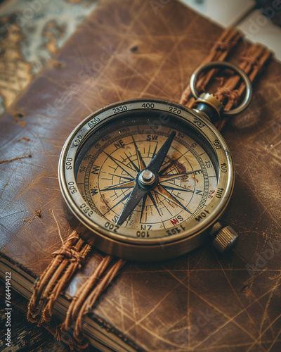 A compass resting on a vintage leather-bound journal marked with tales and trails of past camping trips for National Camping Month - navigational stories