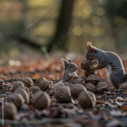 A squirrel sits with a stack of nuts. Concept: wildlife and rodents, food, hoarding habit