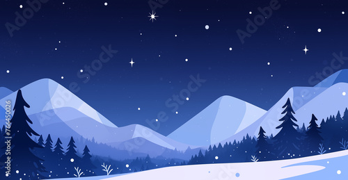 Hand drawn cartoon illustration of snow mountain scenery under the starry sky  © YU