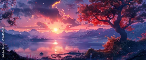A dreamlike landscape with a radiant sunset over a serene mountain lake, featuring a blossoming red tree and floating petals.