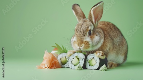 Easter bunny with sushi on light green background