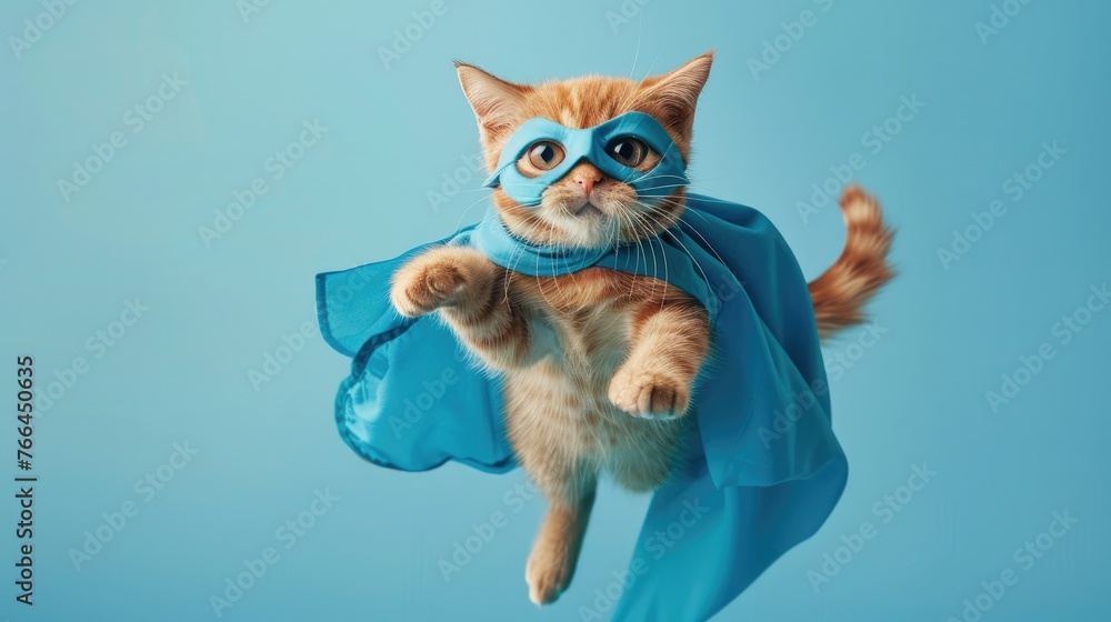 Fototapeta premium superhero cat A cute orange striped cat with a blue coat and mask jumps and flies on a light blue background.