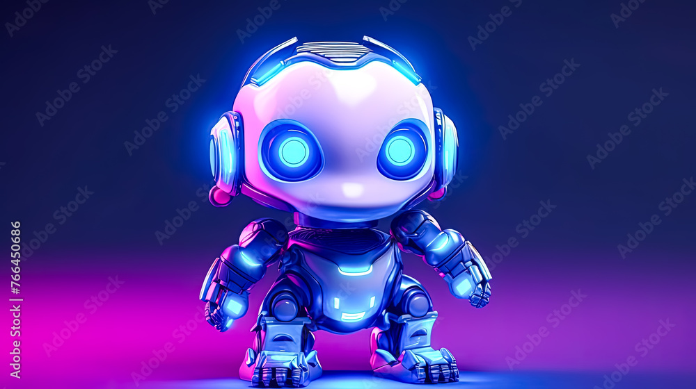 A robot with blue and white body and blue and white head