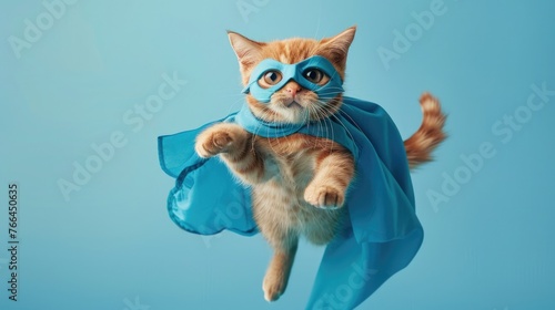superhero cat A cute orange striped cat with a blue coat and mask jumps and flies on a light blue background.