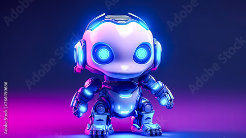 A robot with blue and white body and blue and white head