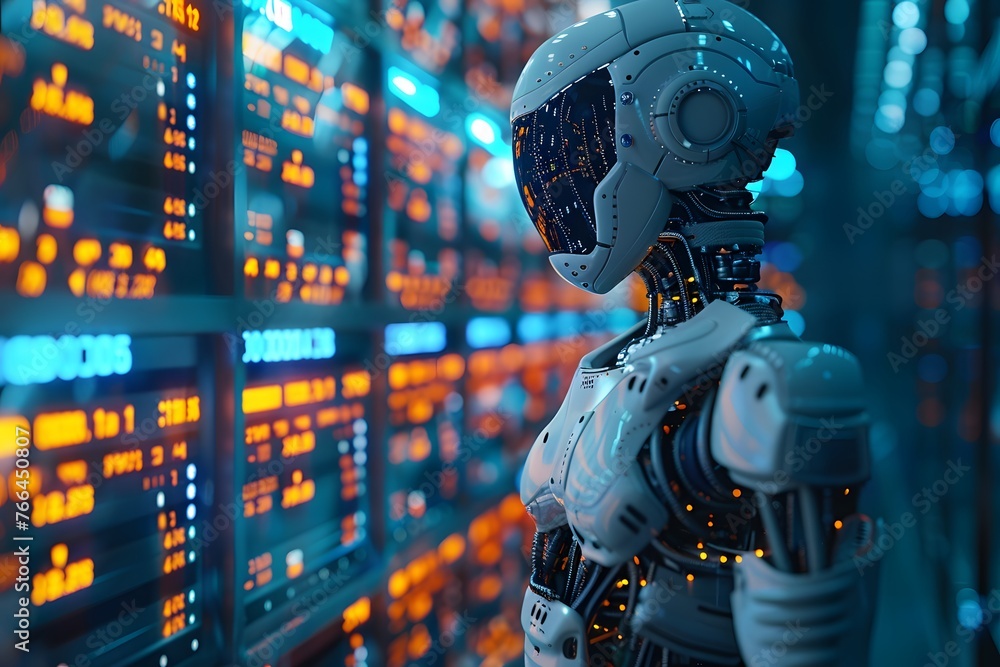 Robot looks at stock charts in the stock market. Robot looks at stock charts in the stock market.