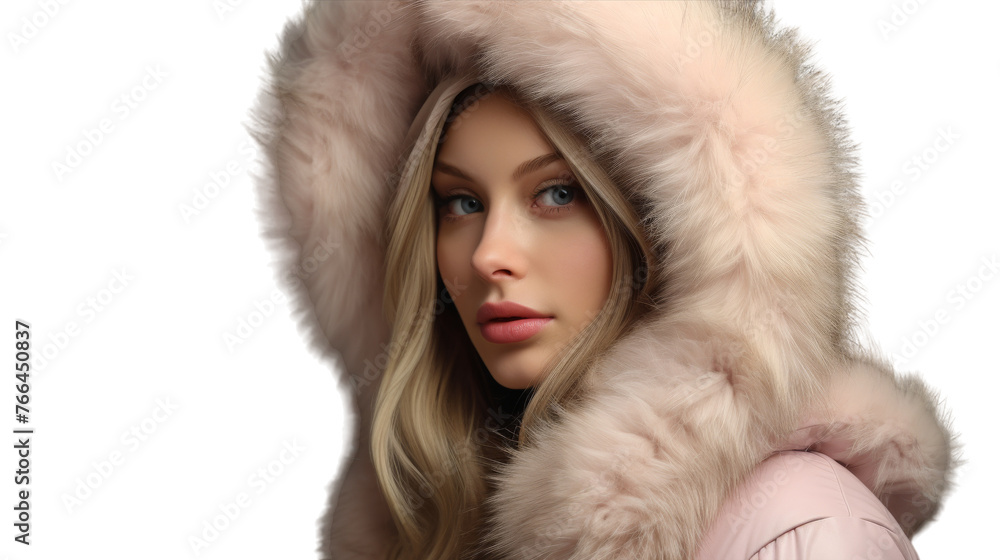 A stylish woman exudes sophistication in a fur hood and pink pants A stylish woman exudes sophistication in a fur hood and pink pants