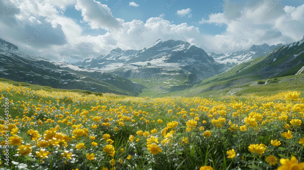 A serene mountain valley covered in a blanket of yellow wildflowers, creating a stunning vista