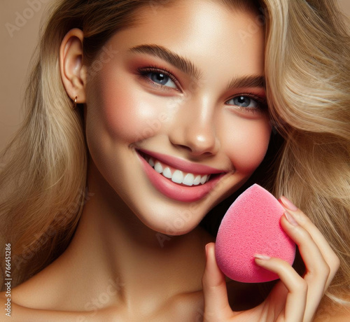Portrait of a beautiful girl model holds a makeup sponge in her hand.