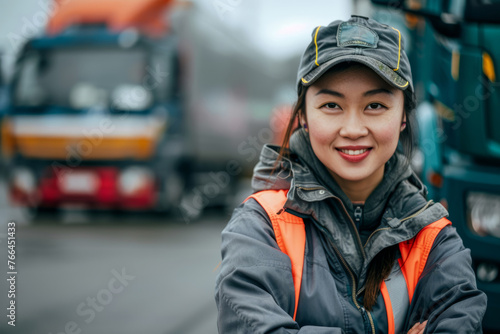 A woman in a safety vest and hat is smiling at the camera. She is standing next to a truck. Bussines asian women truck driver smiling wearing truck diver outfit with truck parked in the Background. © Nataliia_Trushchenko
