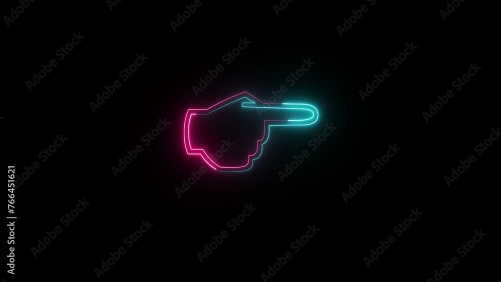 The hand points the finger to the right, the right direction. Direction logo or emblem with glowing neon  light . Hand cursor - pointer.