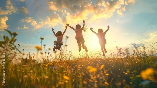 Happy children jumping in summer, field with flowers
