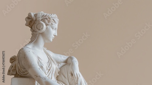 White statue wearing headphones listening to music, beige background with copy space