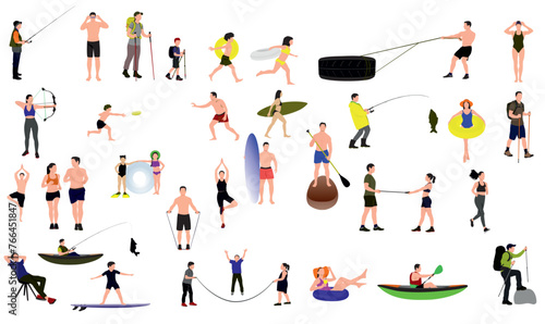 Summer holidays collection. Group of people enjoying vacation. Relaxing, fishing, playing, hiking, running.
Men, women and children performing outdoors activities. 