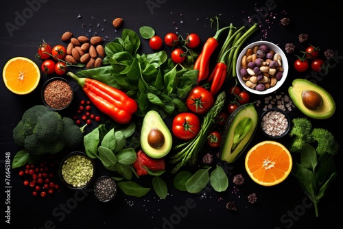 Various fruits and vegetables arranged on a black surface.