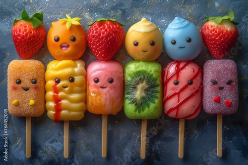 A group of fruit lollipops stacked on top of each other. photo