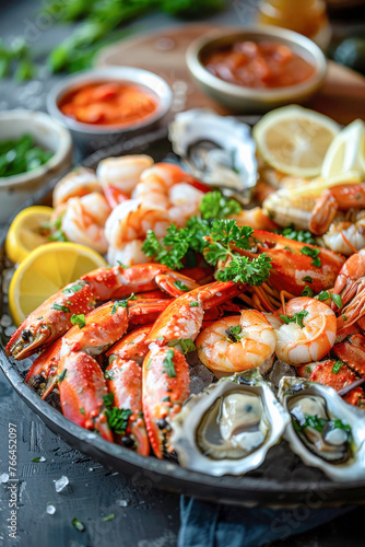 Seafood Platter with Fresh Oysters and Prawns. An appetizing seafood platter featuring fresh oysters, prawns, lemon wedges, and cocktail sauce, ready to be enjoyed.