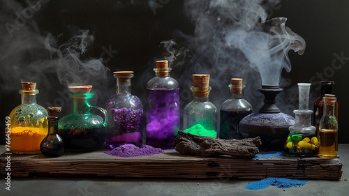 A hidden witch's cottage with a dark oak table, flasks brimming with bewitching brews in potion purple, cauldron black