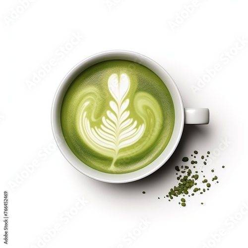 A cup of green tea matcha with a leaf placed on top.