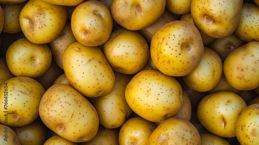 A stack of potatoes showing blemishes and brown spots. A stack of potatoes showing blemishes and brown spots.
