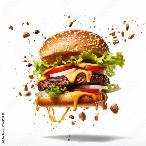 A hamburger with lettuce, tomato, and cheese flying through the air.