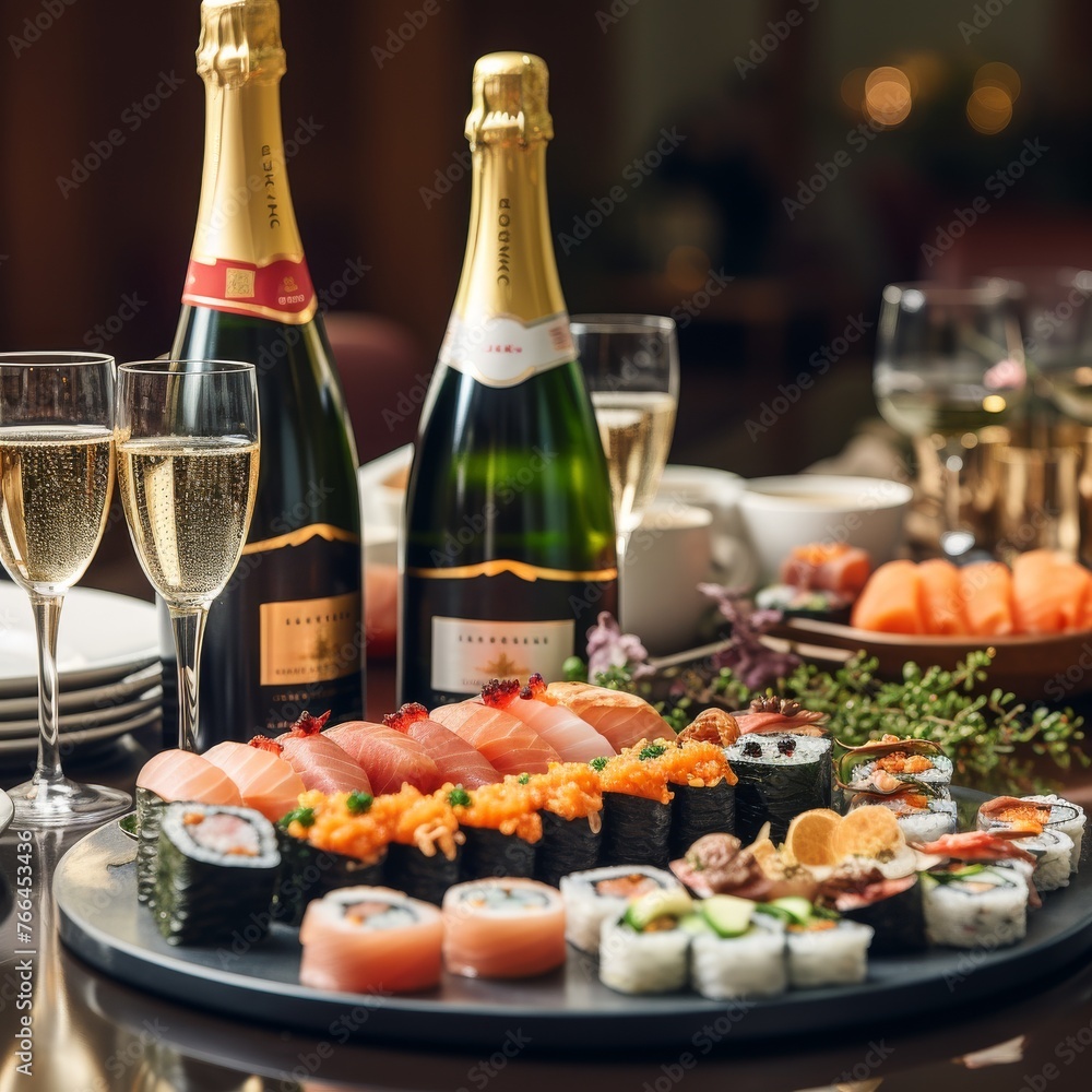 A table displaying various plates of sushi and bottles of wine.