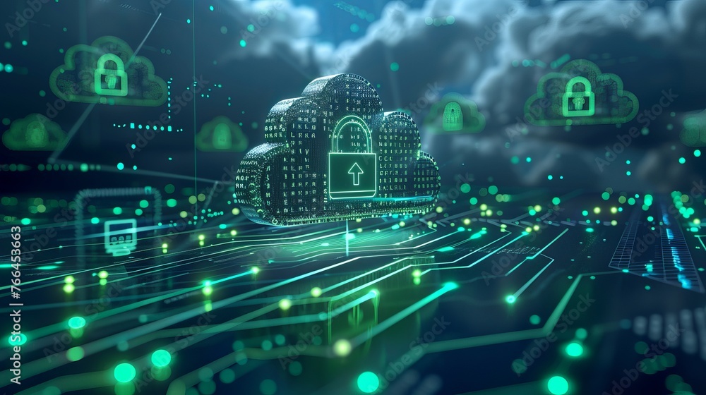 Illustration representing the concept of cloud computing and data protection, presented in a flat design format, emphasizing the importance of safeguarding data in cloud environments. Illustration representing the concept of cloud computing and data protection, presented in a flat design format, emphasizing the importance of safeguarding data in cloud environments.