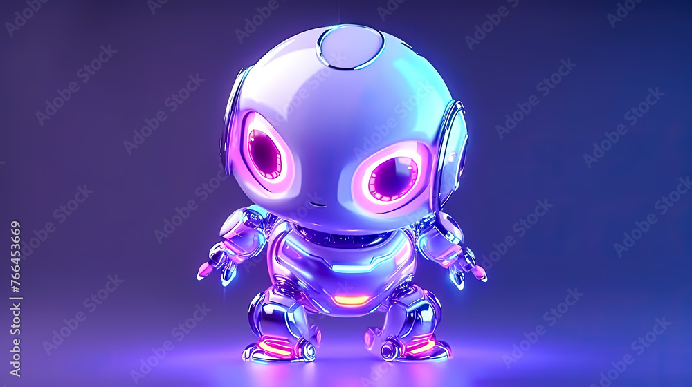 A robot with glowing eyes stands in front of a purple background A robot with glowing eyes stands in front of a purple background