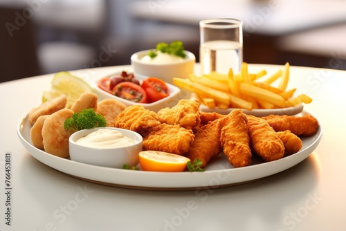 White plate holding fried chicken and French fries.