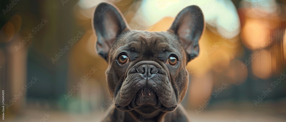 Urban Mascot A French Bulldog closeup, embodying the spirit of city life with its alert stance and engaging eyes, set against an urban backdrop , close up