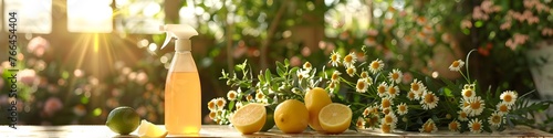 A bottle of lemon cleaner sits on a table next to a bunch of lemons and flowers photo