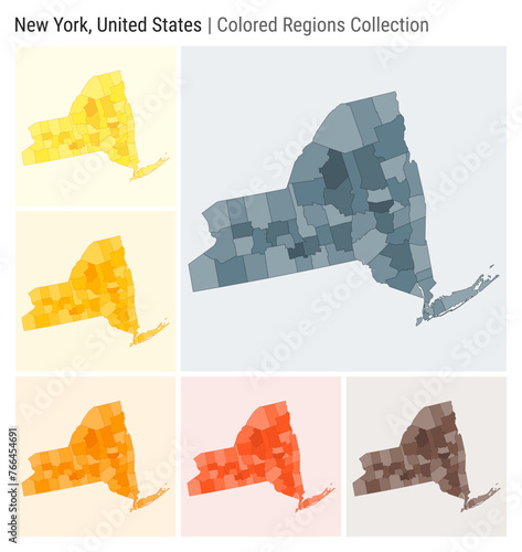 New York, United States. Map collection. State shape. Colored counties. Blue Grey, Yellow, Amber, Orange, Deep Orange, Brown color palettes. Border of New York with counties. Vector illustration.