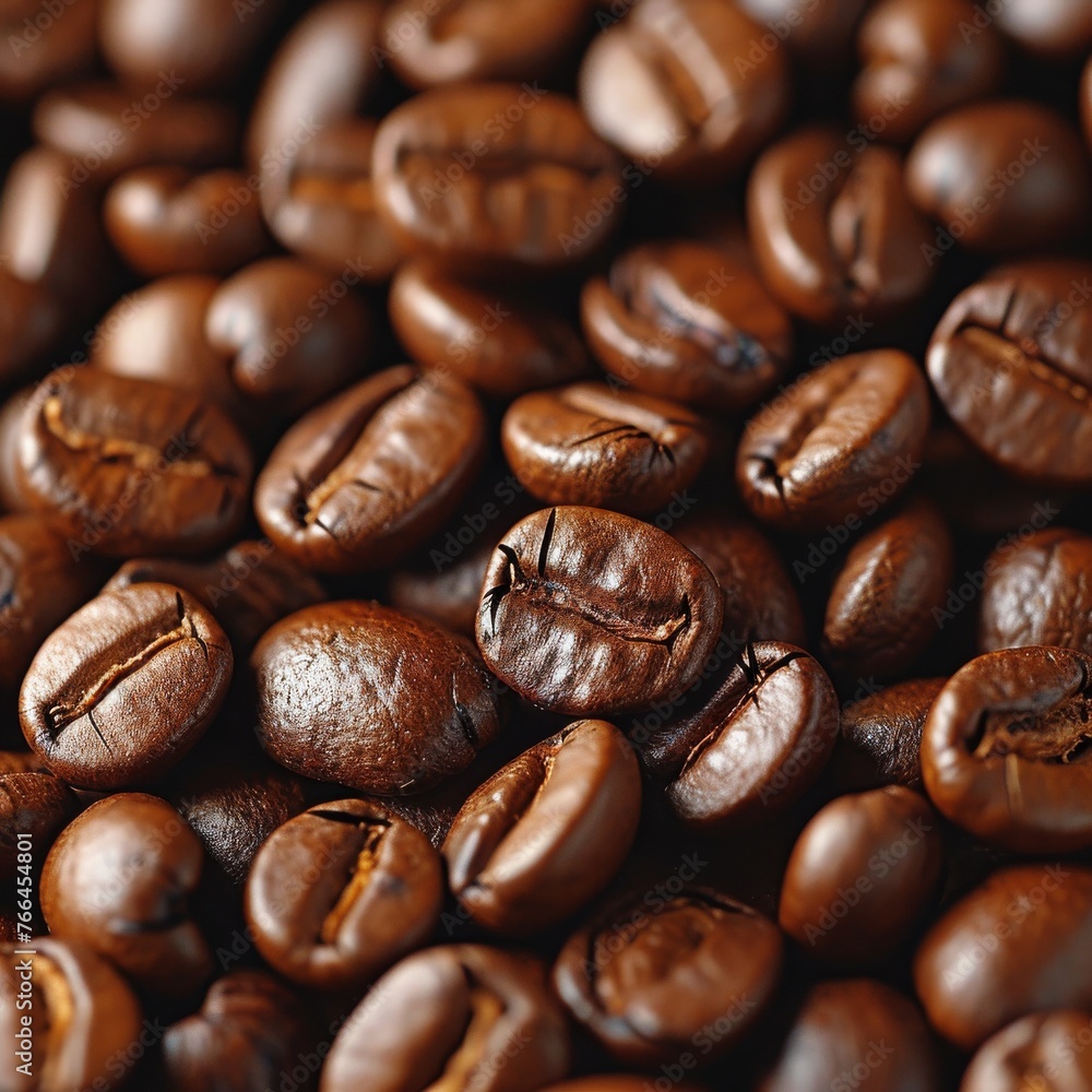 A stack of dark brown roasted coffee beans. A stack of dark brown roasted coffee beans.