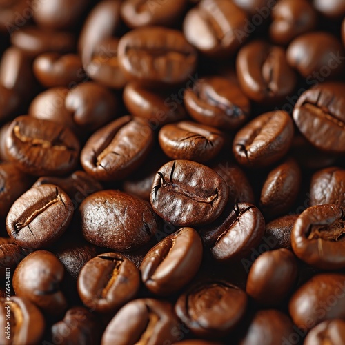 A stack of dark brown roasted coffee beans.