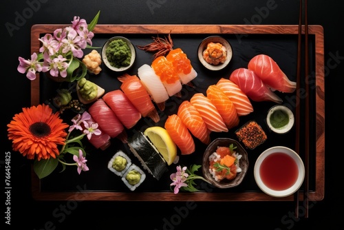 Various types of sushi neatly arranged on a platter.