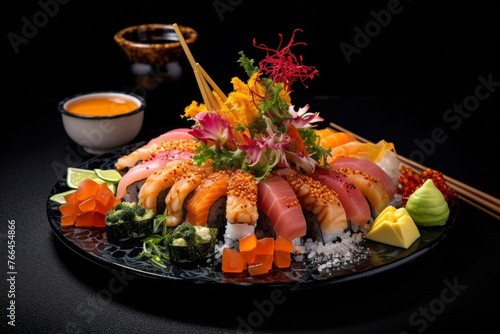 A plate of sushi with chopsticks and sauce on a table. © Виктория Лапина