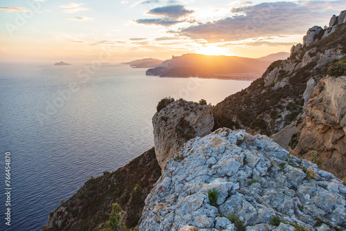 Beautiful landscape with sea and rocks, sunset on the Mediterranean sea.