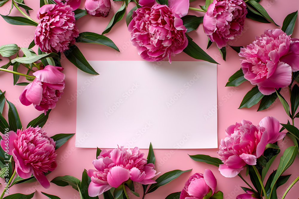 Fototapeta premium A white card is placed in a picture frame made of pink flowers and green leaves, against a pink background. The botanical arrangement features a mix of nature elements in shades of pink and magenta