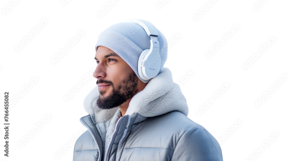 A man with headphones and a jacket, lost in music A man with headphones and a jacket, lost in music