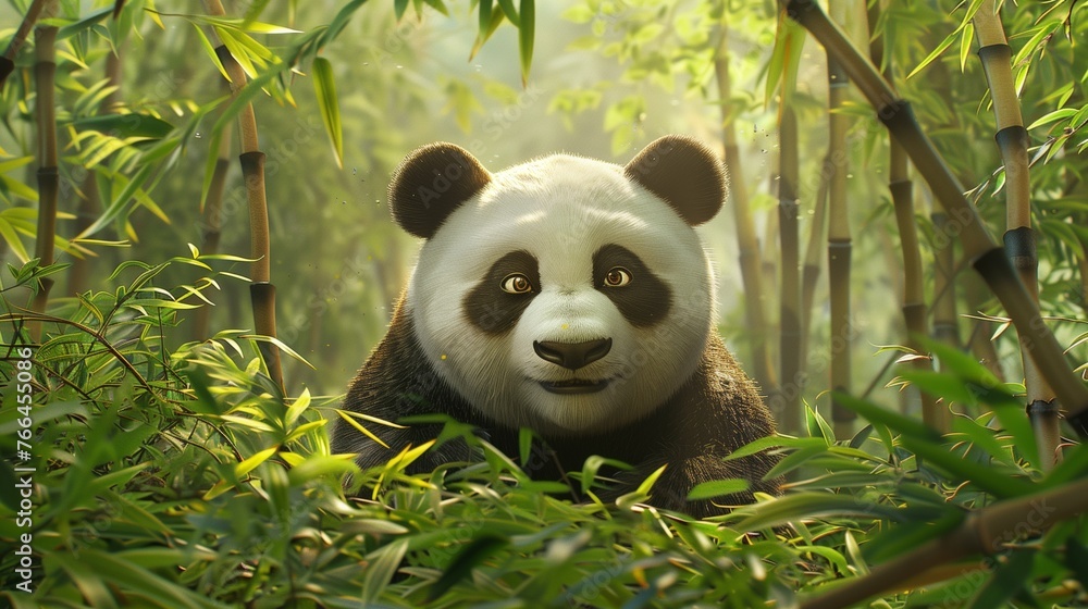 Amidst a serene bamboo forest, a majestic panda gracefully navigates through the lush greenery, its fur adorned with delicate watercolor strokes. Amidst a serene bamboo forest, a majestic panda gracefully navigates through the lush greenery, its fur adorned with delicate watercolor strokes.