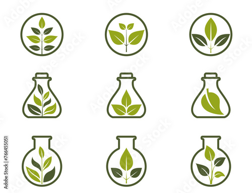 organic icon set. green plant in flask and in a circle. isolated vector images in flat design