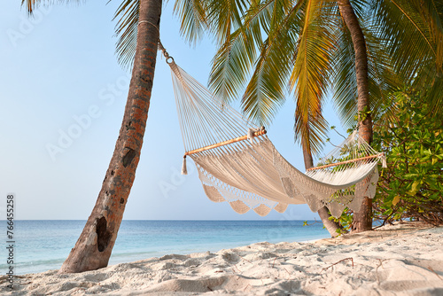 Hammock between palmtree on white sand beach of tropical island