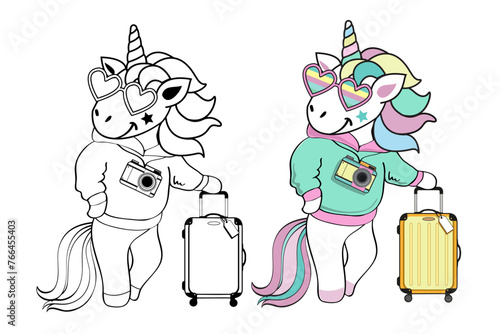 Beautiful summer unicorn with a suitcase. Color and black-and-white coloring for children. Vector illustration of a traveler