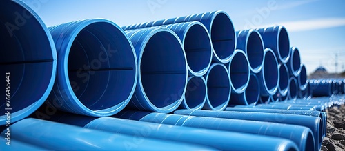 Numerous blue pipes arranged on top of a stack of rocks in a close-up shot
