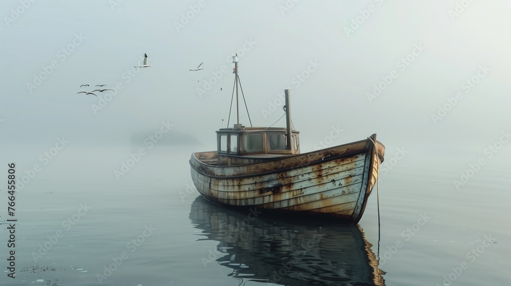 Amidst the foggy morning mist, a vintage fishing vessel emerges from the haze, its wooden hull adorned with intricate carvings and weathered by years at sea.