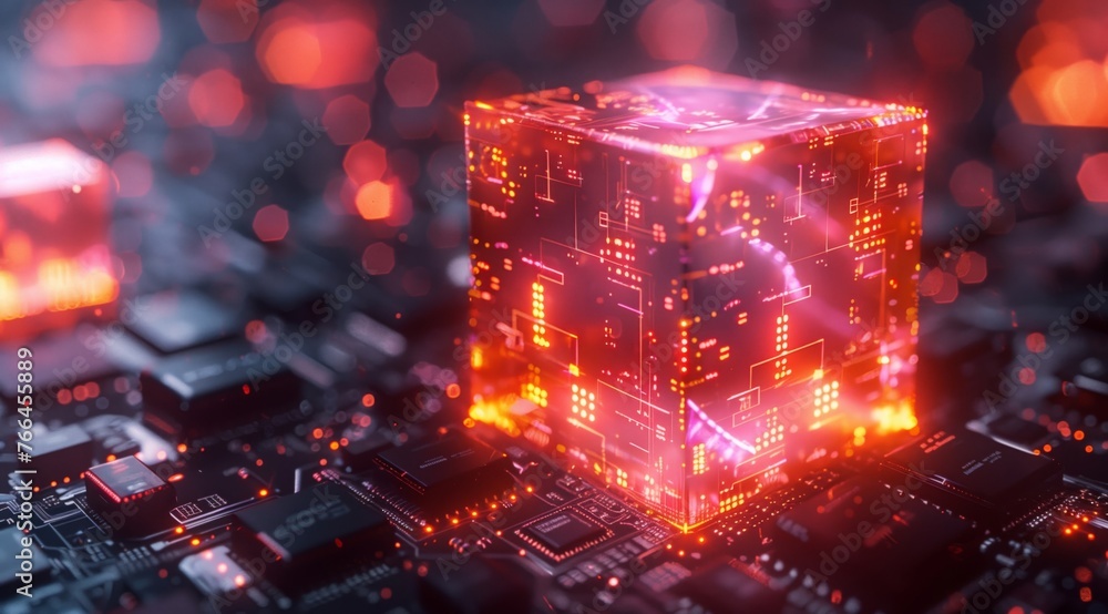 Futuristic digital tech cube on circuit board: glowing red digital cube sits amidst electronic circuits, representing advanced technology Futuristic digital tech cube on circuit board: glowing red digital cube sits amidst electronic circuits, representing advanced technology