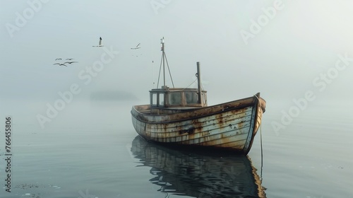 Amidst the foggy morning mist  a vintage fishing vessel emerges from the haze  its wooden hull adorned with intricate carvings and weathered by years at sea.
